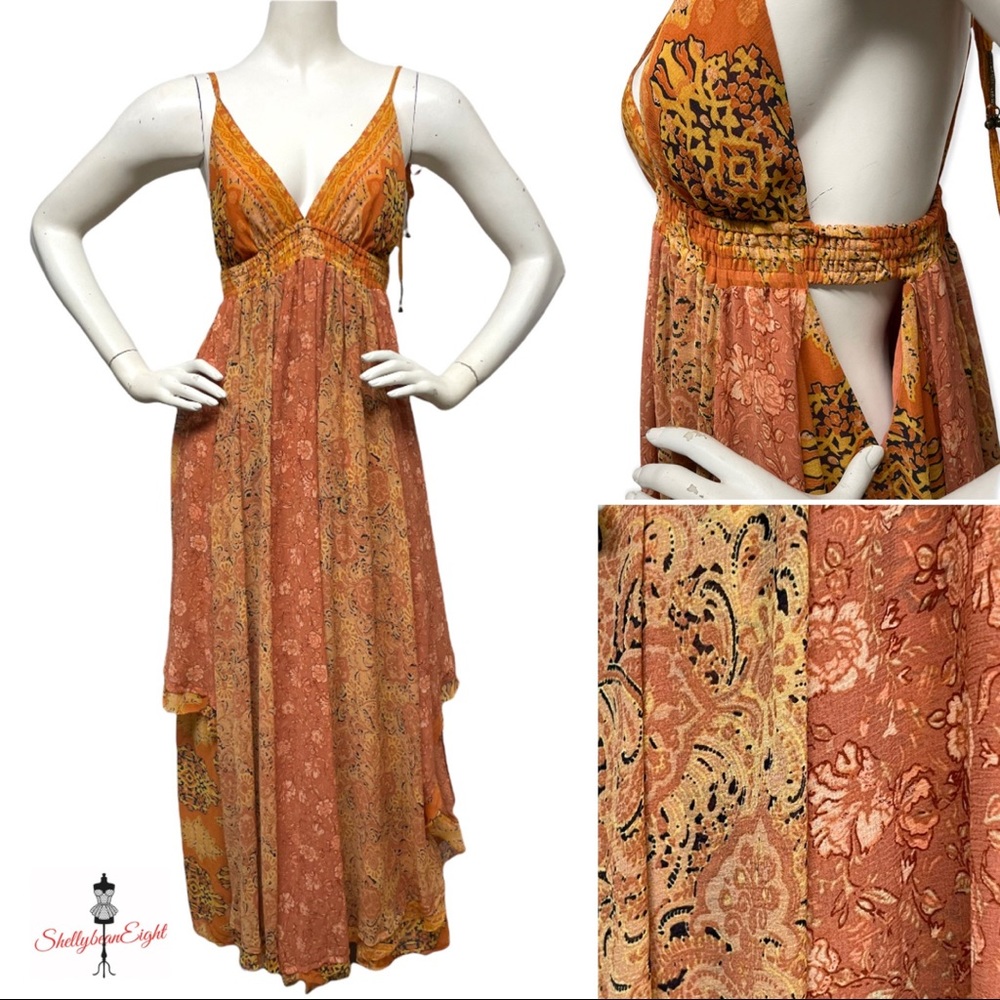 FREE PEOPLE Meredith Chiffon Maxi Dress Tangerine Dream S Bare Open Back & Sides